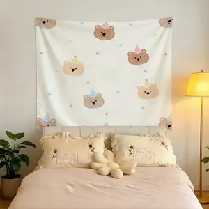 Photography Backdrop Tapestry: Cute Bear Wearing a Party Hat Pattern—Birthday Celebration Decor. Suitable for Store Feature Walls, Offices, Bedside Areas, and Sofa Backdrops. (2D Design, Non-Electric)