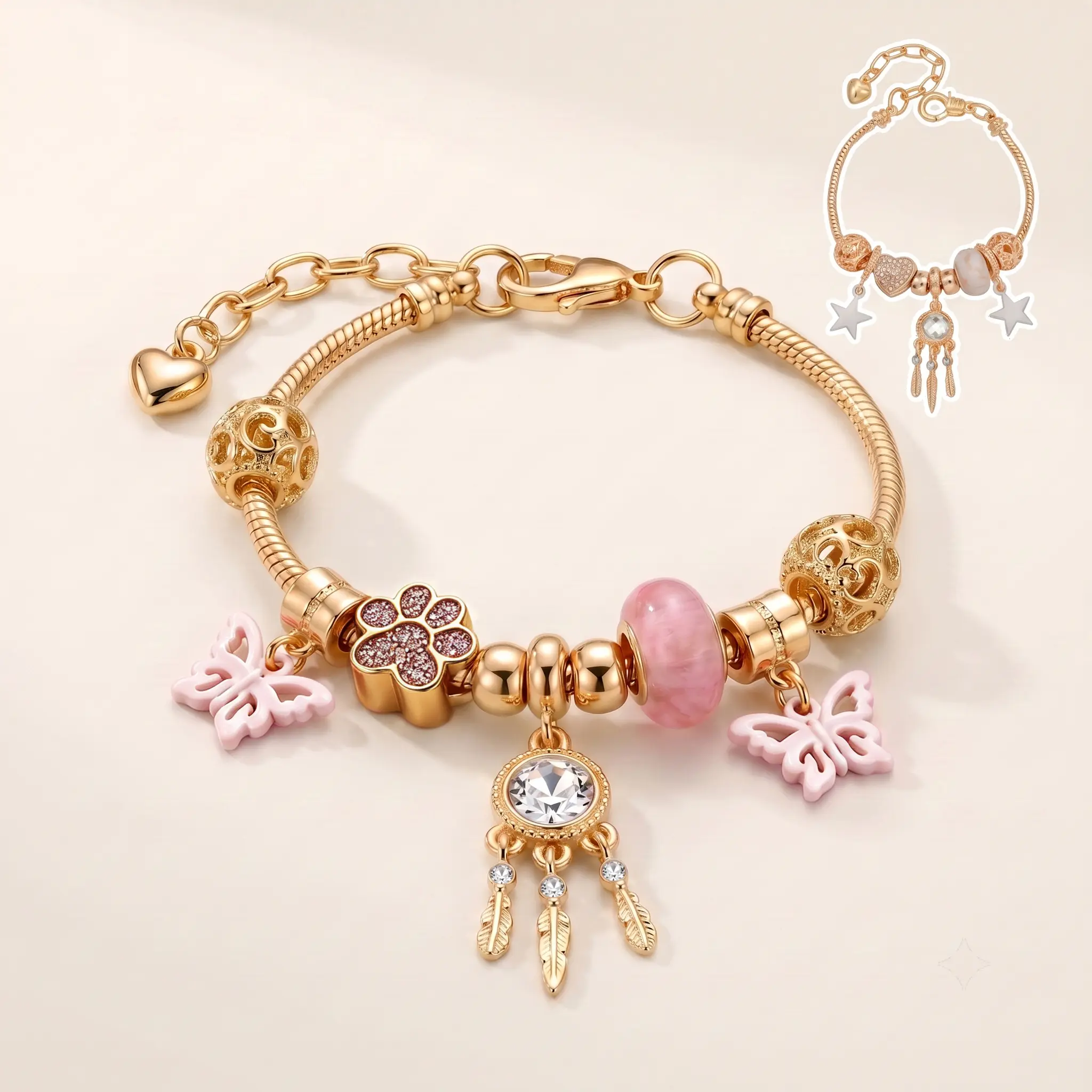 Charm Bracelet Set for Women, 2 Pcs Gold Beaded Bracelet Jewelry with Butterfly Heart Charms, Thoughtful Gift Friendship Bracelet for Her, Layered Bracelets