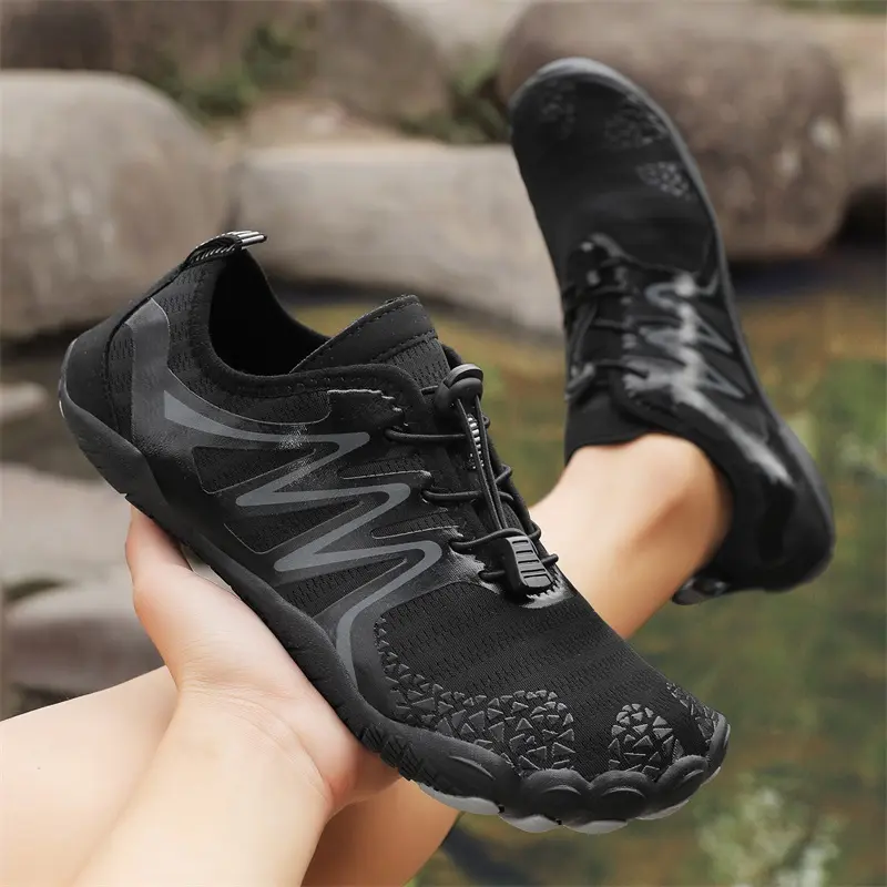 Men's Rubber Amphibious Water Shoes - Elastic Laces, Quick Dry, Barefoot Flex, Non-Slip Drainage Sole, Mesh Upper, Breathable, Lightweight, Flexible Aqua Sneakers for Beach Volleyball, Water Sports, Casual Wear, Kayaking