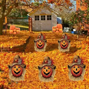 4pcs Pumpkin Strawman Garden Yard Decor Stakes, Autumn Festival Decoration Plaques, Halloween Outdoor Holiday Props for Thanksgiving Harvest