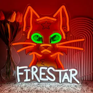 Firestar Cat Neon Sign Warrior Cat LED Light USB Powered with Glowing Green Eyes & Bold Star Detail for Bedroom Gamer Room Desk Decor Acrylic Energy Efficient
