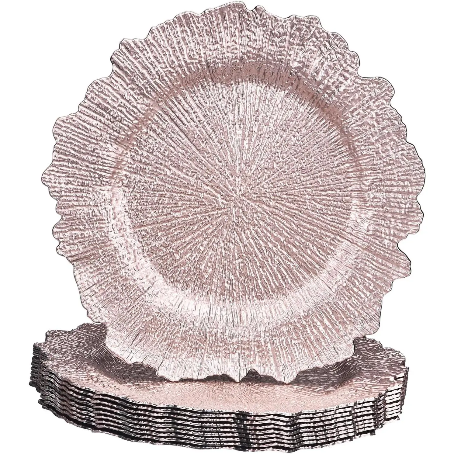 10 count Reef Charger Plates Bulk, 13 Inch Plastic Floral Charger Plates, Round Plate Chargers for Dinner Wedding Party Event Table Setting Decoration Rose Gold