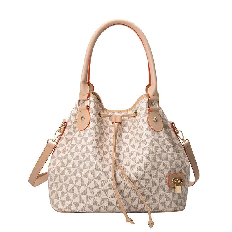 Women Fashion Printed Handbag with Geometric Windmill Pattern Large Capacity Light Luxury Bucket Bag Secure Drawstring Design Versatile Shoulder Bag for Daily Use