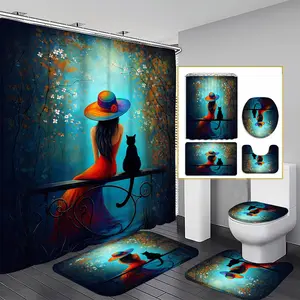 1/3/4PCS Enchanted Evening Shower Curtain set, Mystical Bathroom Decor, Accessories with Bath Mat, U-shaped Mat, Toilet Lid Cover, 12 Hooks 180x180cm Curtain, Fantasy Art, Home Decor, bathroom accessories.