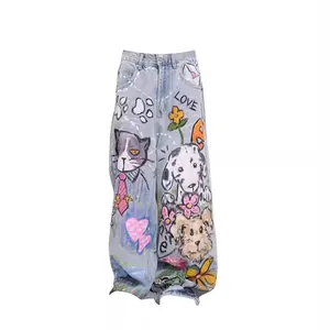 Women's Light Wash Cartoon Animal Graffiti Baggy Jeans, High Waist Wide Leg Denim Pants with Hand-Painted Cat Dog Print, Y2K Harajuku Streetwear Casual Trousers