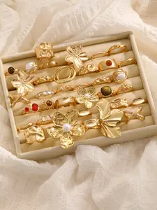 Elegant Vintage Stone Flower Faux Pearl Ring Set for Women, Unique Fashion Statement Rings, Perfect Party Daily Wear Accessories, Ideal Birthday Holiday Gift, Stackable Rings