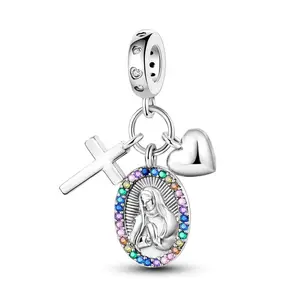 925 silver-plated Cross and Virgin Mary Pendant | Rainbow Zirconia Religious Jewelry | Elegant Faith Inspired Jewelry | Perfect Spiritual Gift for Women