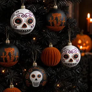 Halloween Party Decorative Ball Set 8cm Hanging Baubles with Skull and Pumpkin Prints for Indoor Scene Decoration