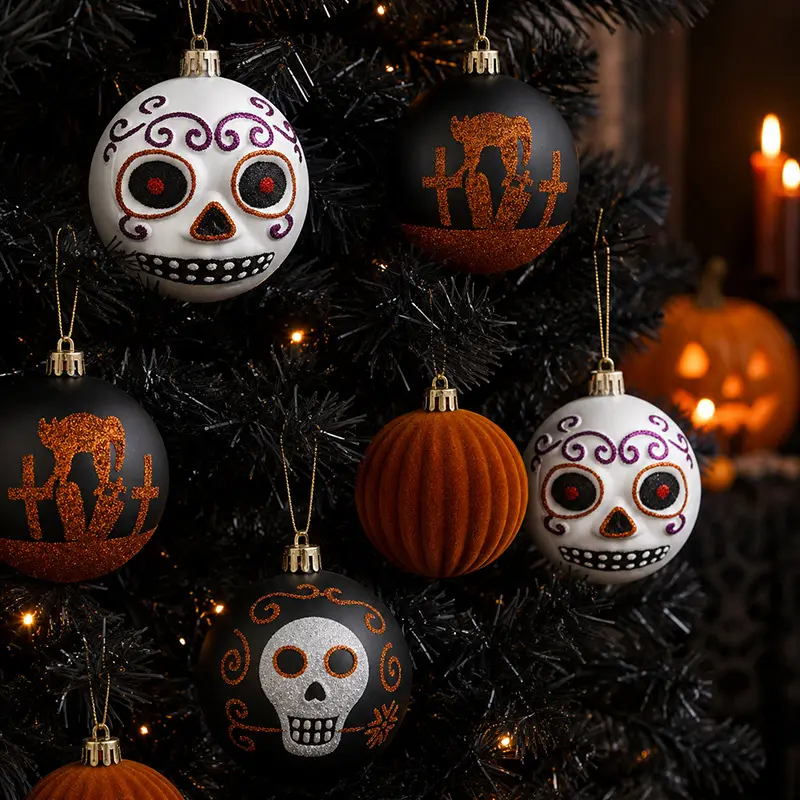 Halloween Party Decorative Ball Set 8cm Hanging Baubles with Skull and Pumpkin Prints for Indoor Scene Decoration