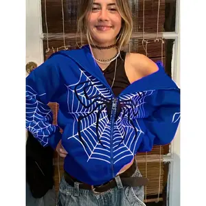 [Spider Web Print Hoodie] Casual Spider Web Print - Zip Up Hoodie Long Sleeve Loose Jacket for Women Can be used with a raincoat