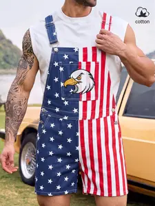 Men's Star Striped American Flag Denim Jumpsuit, Adjustable Strap, Button Closure, Loose Fit, Independence Day Party, Overalls