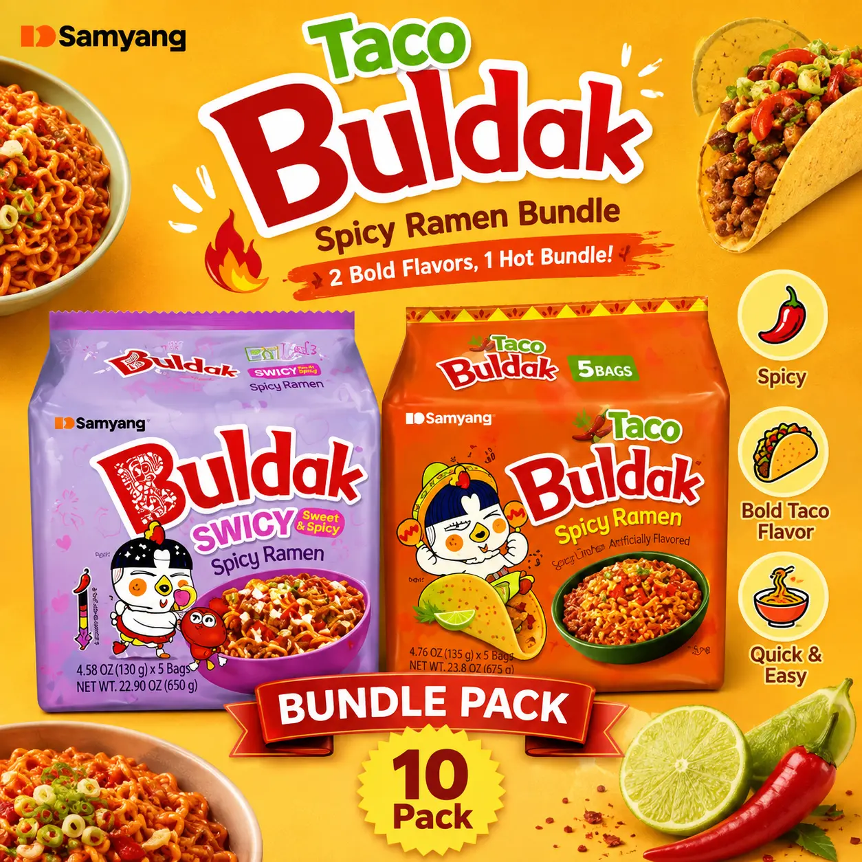 Viral Buldak Korean Spicy Ramen-Swicy and Taco-10 Pack