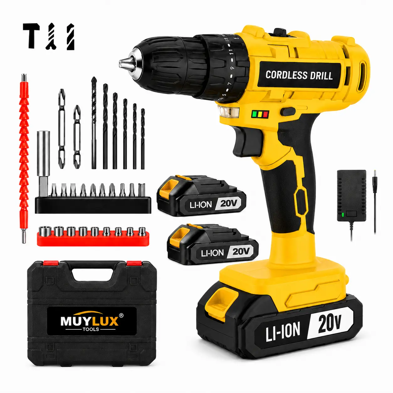 20V Cordless Drill Set with 2 Li-Ion Batteries, Charger, Drill Bits, Driver Bits and Socket Accessories, Variable Speed Electric Power Drill for Home Repair, Woodworking, Furniture Assembly and DIY Projects