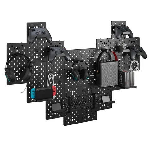PEGZONE Customizable Modular Gaming Pegboard Wall Mount Set - 7 or 14 Pcs Sets (7 Pcs:7 Black,14 Pcs:7 Red+7 Black), Adjustable Racks, Console Organizer, Controller/Headphone Holders, Disc Shelves for Gamer Room Organization Desk Accessories