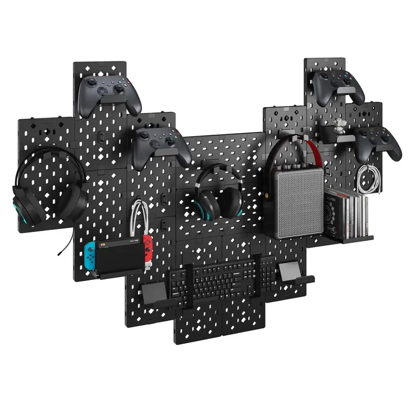 PEGZONE Customizable Modular Gaming Pegboard Wall Mount Set - 7 or 14 Pcs Sets (7 Pcs:7 Black,14 Pcs:7 Red+7 Black), Adjustable Racks, Console Organizer, Controller/Headphone Holders, Disc Shelves for Gamer Room Organization Desk Accessories