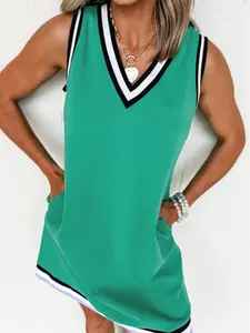 Color Contrast Trim V Neck Shift Sleeveless Mini Dress, Cotton Blend Made, This Tank Dress Is Soft and Breathable.