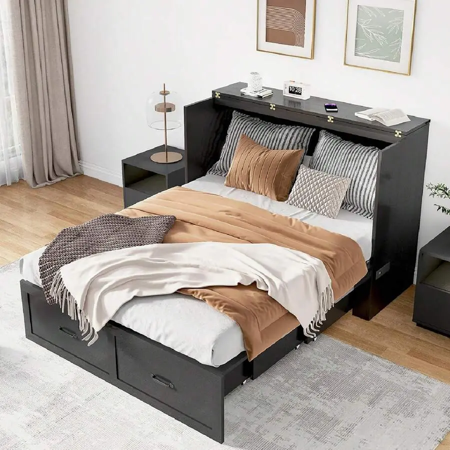 Full Size Murphy Chest Bed With Drawer And Charging Station, Farmhouse Wood Space-Saving Hidden Folding Beds Chest, Multifunctional Storage Cabinet Bed For Bedroom, Office Handle Vertical Dresser Tall Glass Display couch living room