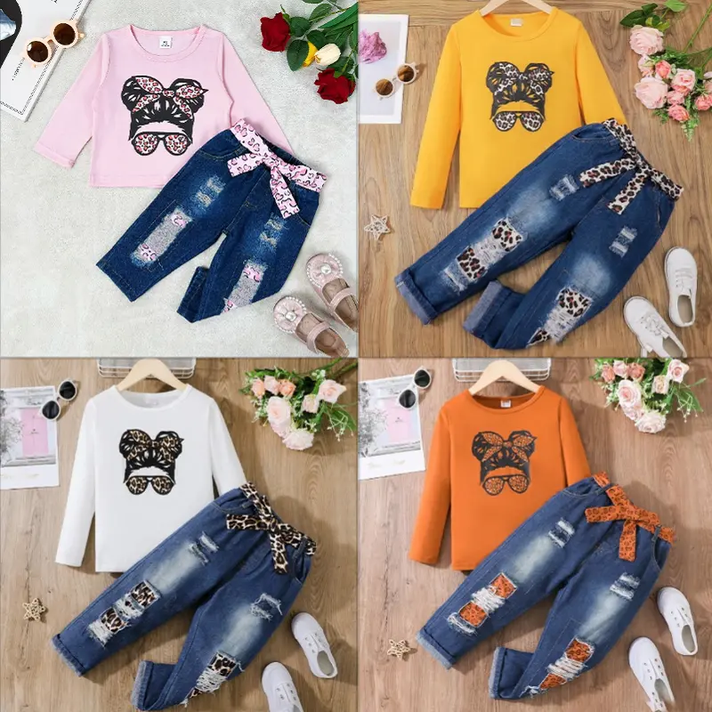 Ready Stock 6m-3y Baby Girls Fall Winter Outfits Cartoon Graphics Long Sleeve Tops Ripped Denim Pants 2Pcs Clothes 123090026