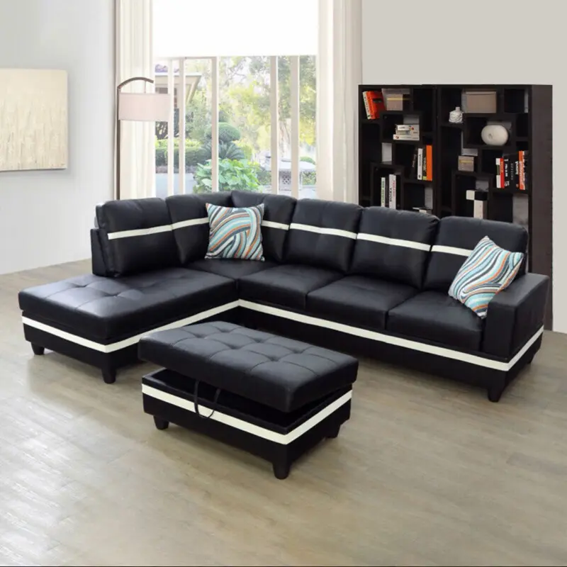 PK Black And White Semi PU Synthetic Leather 3-Piece Couch Living Room Sofa Set