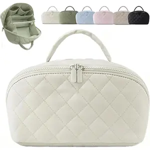 Makeup Travel Bag, Makeup Bag for Woman, Wide-Open Lay-Flat Cosmetic Bags, Large Capacity Water-Resistant Toiletry Organizer with Compartments, 180° Open Travel Makeup Case (Write)