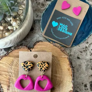 Pink or Violet Heart Cut Outs & Leopard | Polymer Clay | Handmade Artisanal | Dangle and Stud Earrings | Matching Sets | Gifts for Her