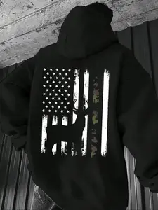 Warm & Comfy Whitetail Deer Hunting Buck Camo American Flag Pullover Hoodie with Front Pouch Pocket - Print On Back, Fashionable Cut for Everyday Daily Wear unisex stylish outdoor hoodie camisetas  comodas boyfriend  tees