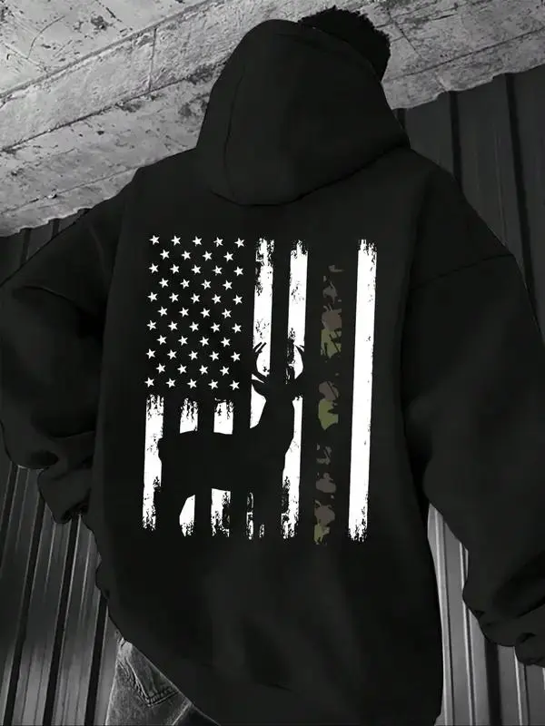 Unisex Whitetail Deer Hunting Buck Camo American Flag Pullover Hoodie - Menswear Tops, Front Pouch Pocket, Back Print, Fashionable Cut, Sporty Soft Breathable, for Outdoor & Everyday Wear, Casual, Cotton, Knitted, Sweatshirts, Long Sleeve, Outdoors, Sport