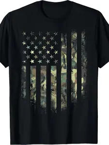 Men's & Women's Camouflage American Flag Camo Hunting T-Shirt - 220GSM Pure Cotton Outdoor Tee Camo Print Short-Sleeve Shirt for Summer Beach Camping (Unisex Casual Wear)
