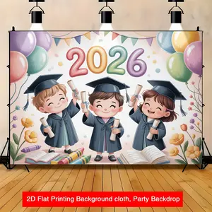 2D Flat Banner,Graduation 2026 in Caps & Gowns Holding Diplomas,Balloons Flowers Books Background Fabric,Photography Backdrop for Children's Graduation Party,School Celebration,Baby Shower,Birthday Event,Suitable for Creating