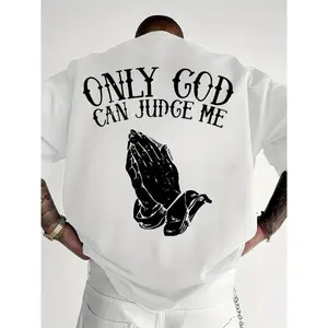 Men'S "Only God Can Judge Me" Graphic T-Shirt - Casual Crew Neck,Loose Fit, Short Sleeve Top, Polyester, Beige with Praying Hands Design,Cotton Fabric Summer / All-season