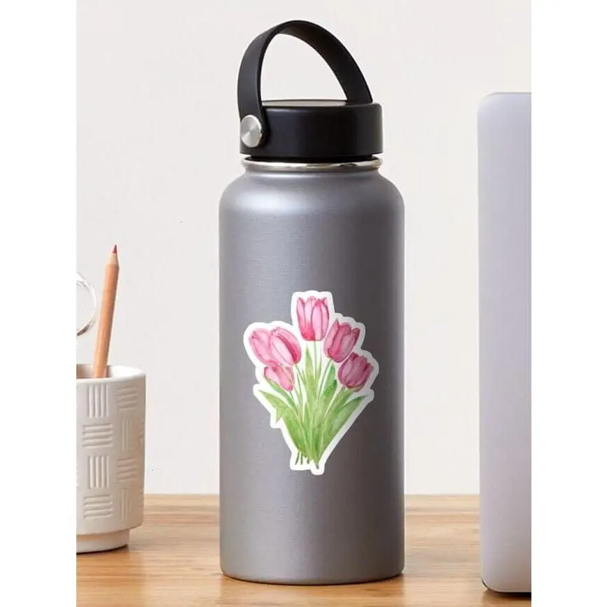 hand painted pink tulips flowers  watercolor painting  Sticker
