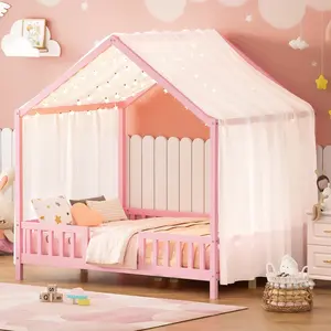 Full Size Bed Frame Montessori Floor Bed with Canopy, House Shape Bed Frame with High Railings and Roof