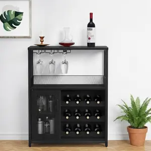 Garvee 3-Tier Industrial Wine Cabinet with Removable Rack, Baffle Door, Glass Holders; Freestanding Metal and Wood Sideboard Buffet Bar Cabinet for Dining and Kitchen, 69x35x92 cm, Black