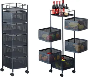 GARVEE 5 Tier Rolling Utility Cart Organizer, Rotating Storage Rack, Rolling Snack Cart, Metal Rolling Carts with Wheels for Fruit Potato Onion Vegetable