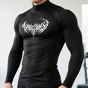 Ebb Supply Men's Turtleneck Compression Shirt Fitness and Workout Long Sleeves, Gothic Letters and Line Prints Tight Clothes for Running