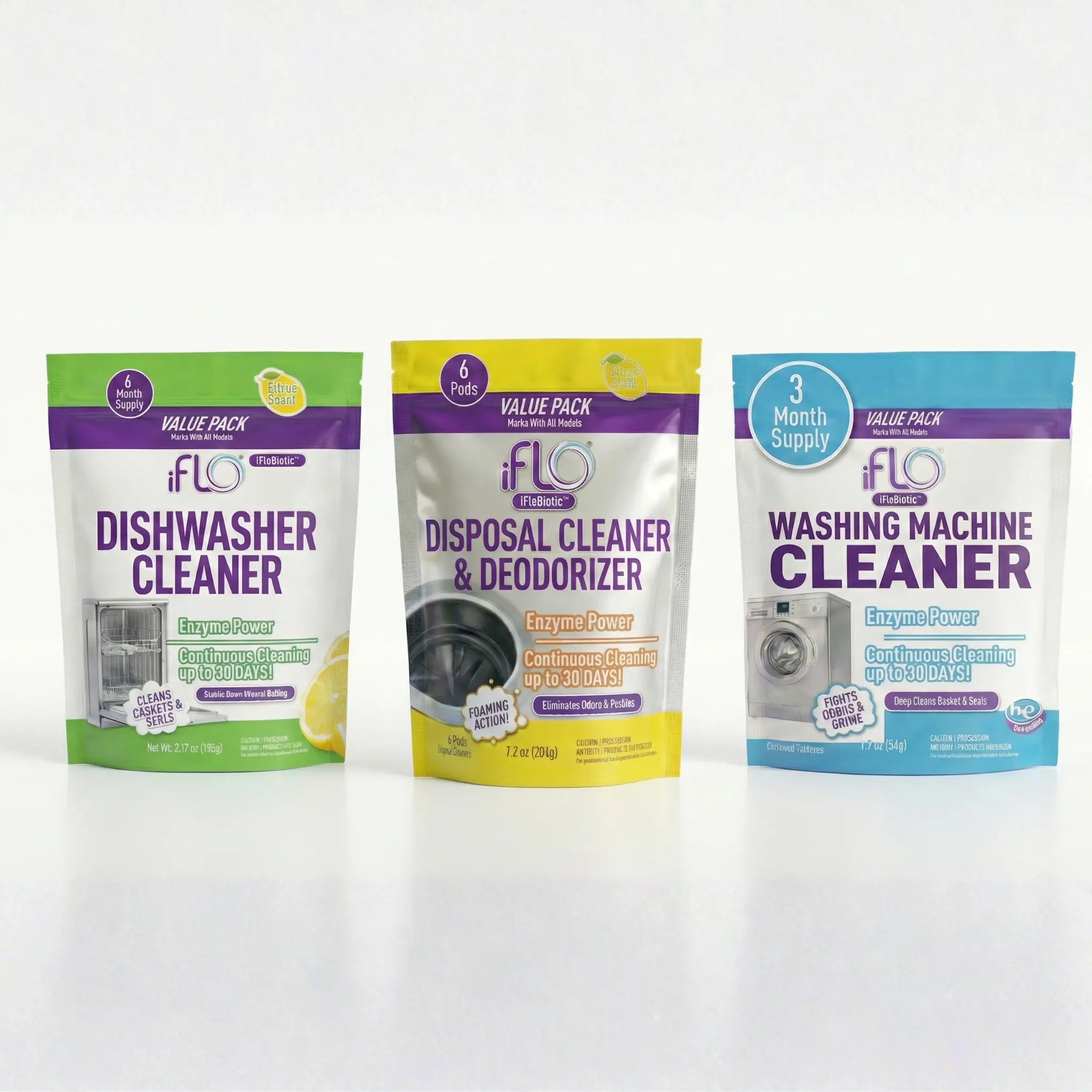 iFLO® Complete Appliance Care Pod Bundle - Dishwasher, Garbage Disposal, & Washing Machine Cleaners - Bio-Enzymatic Technology for Deep Cleaning - Household Appliance Maintenance Solution