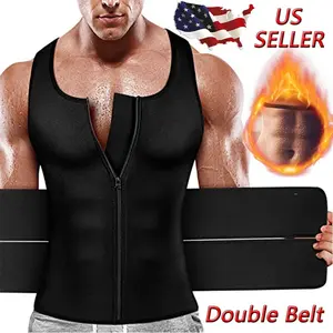Men's Sauna Vest Waist Trainer, Compression Body Shaper with Double Sweat Belt and Zipper for Tummy Control, Sauna Corset for Gym Workouts
