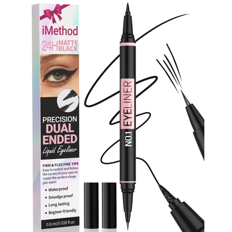 iMethod 2-in-1 Dual-Ended Waterproof Black Matte Liquid Eyeliner Pen - Precise Fine Brush-Tip, Thick Tip, Smudge-Proof, Transfer-Proof, Anti-Drift, Easy Wing-Drawing, Longwear Eye Liner Cosmetic Suitable for Adults