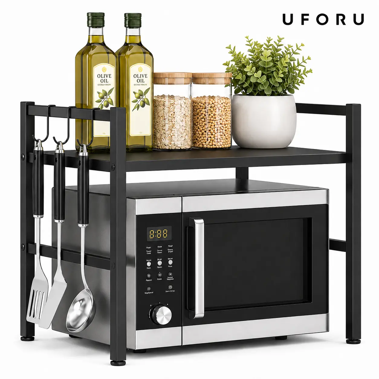 Adjustable Adjustable Microwave Oven Rack, Expandable Kitchen Countertop Shelf with 6 Hooks, Black Metal Storage Stand for Microwave, Toaster Oven, Air Fryer, Seasoning Jars, Dishes#SummerWins#dealsforyou