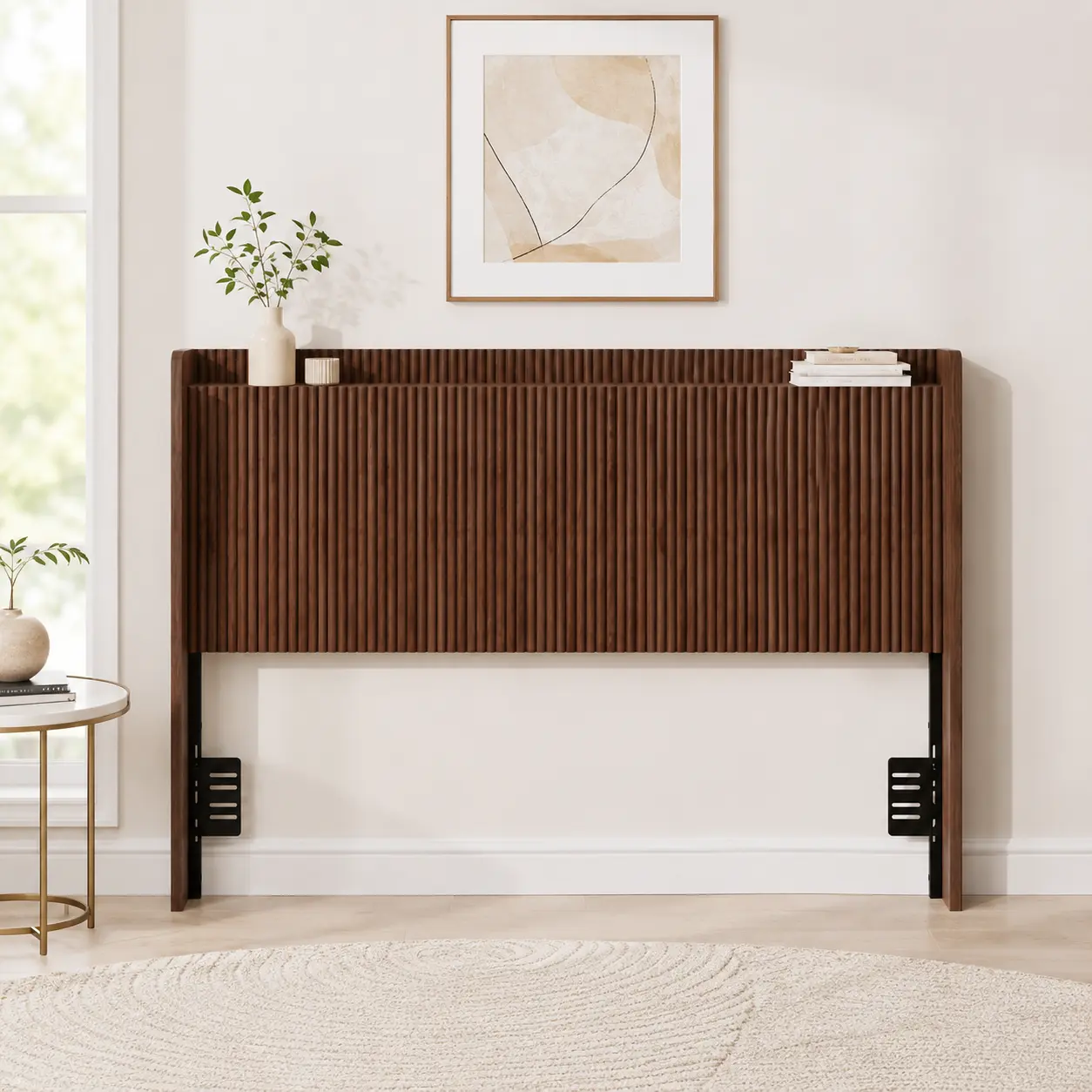 Queen Size Fluted Wood Headboard with Vertical Ribbed Design Adjustable Metal Brackets and Freestanding Mid Century Modern Style