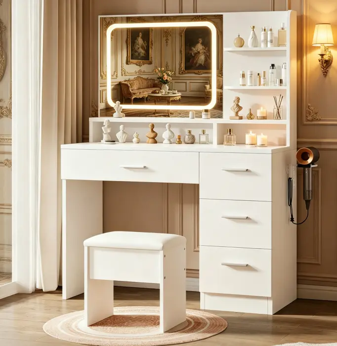 Modern White Makeup Vanity Set - Furniture with 3-Color LED Light Sliding Mirror, 4 Drawers, 1 Shelf, Stool, Girl Room Furniture, Compact Indoor Makeup Organization Vanity Setup, Vanity Mirror With Lights