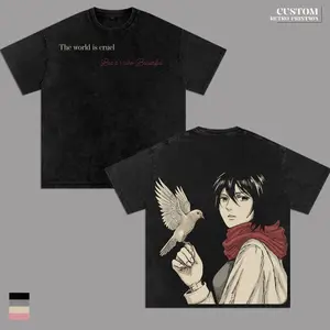 Mikasa Ackerman Attack on Titan Vintage Washed Oversized T-Shirt – “The World Is Cruel But Beautiful” Anime Graphic Tee, Heavyweight Cotton Unisex Streetwear Fan Gift Shirt UWB