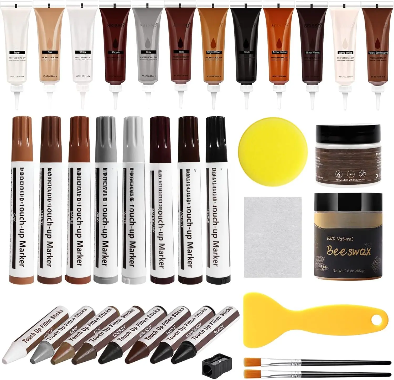 Furniture Repair Kit, 12 Colors  Fillers,  Putty with Beeswax, Furniture Touch Up Markers with  Crayons, Hardwood Floor Repair Kit for Stains, Scratch, Cracks, Hole