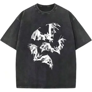 [100% Cotton]  Oversized Mens  Bat Print Vintage Shirt Streetwear Wash Cotton Tshirt Baggy Y2k Short Sleeve Tops- Unisex Women's & Men's Campus Daily Wear
