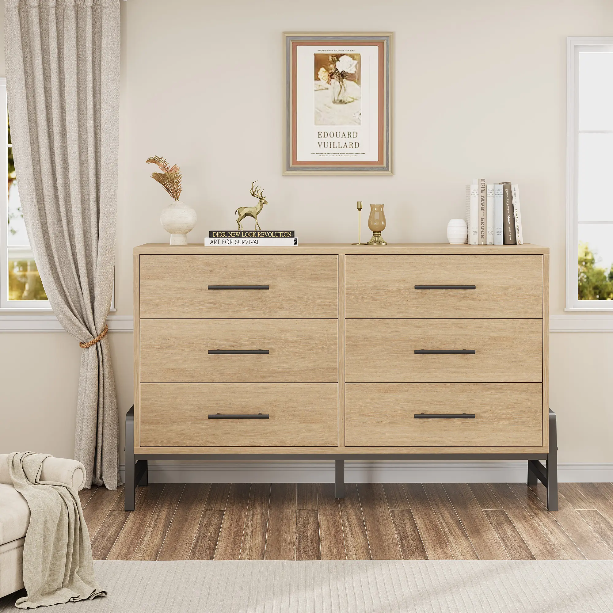 52 Inch 6 Drawer Wood Dresser, Large Capacity Storage Chest for Bedroom, Freestanding Closet Organizer for Living Room Entryway, Heavy Duty Furniture