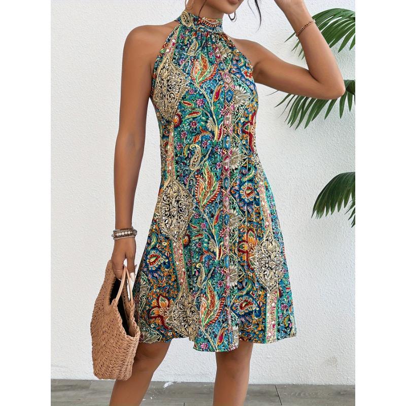 Floral Print Pleated Dress, Elegant Sleeveless Dress For Summer, Women's Clothing Loose Midi Flowery Backless Mini white  dress  girl shein body con summer  outfits prom chain decor Renaissance Lace-Up drop  waist  gown