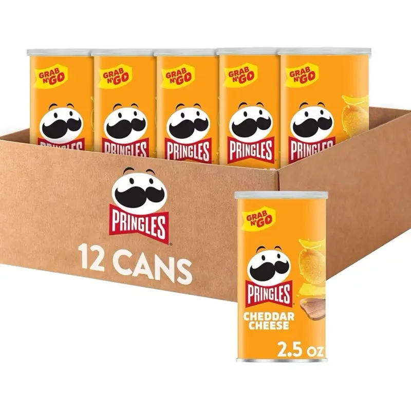 Pringles Crispy Crunchy Cheddar Cheese Potato Chips - 12 Cans (2.5 oz Each, 30.0 oz Total) Room Temp Grab-N-Go Snacks for Office & Children’s Lunches