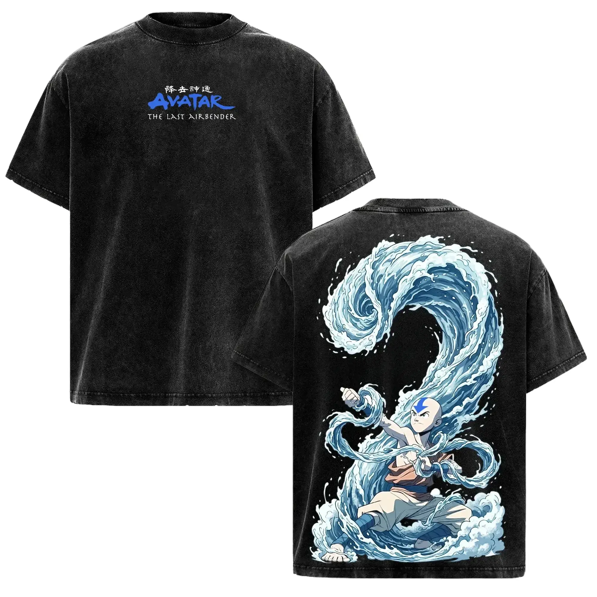 Avatar The Last Airbender Aang Graphic Tee Acid Wash Anime Shirt Oversized Vintage Y2K Streetwear Retro Cotton Top Casual Unisex Cosplay Merch For Men Women Element Master Aesthetic Waterbending Airbender Energy Peaceful Everyday TikTok Fashion Gifts!!
