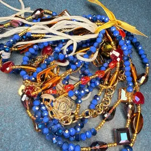 Handmade African Waist Beads with Chain Blue and Red Beads Gold Accents for Stylish Outfits Three Piece Set
