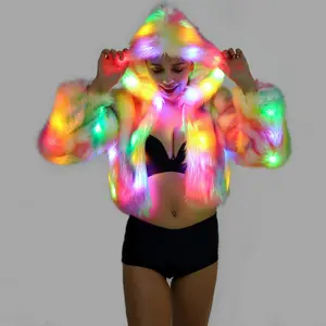 Women's Colorful LED Faux Fur Coat, Autumn & Winter Light-Up Coat, Halloween Christmas Party Costume Cosplay Outfit Warm Soft Winter Faux Fur Outerwear（Batteries not included） winter clothes women Casual Womenswear Chic Jacket Polyester Puffy Short Smooth